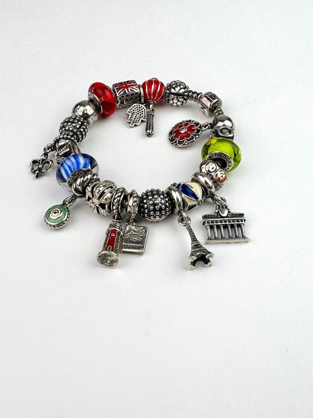 Vtg Pandora 22 World Traveler Charm Bracelet Murano Glass Sterling Silver 7.5in